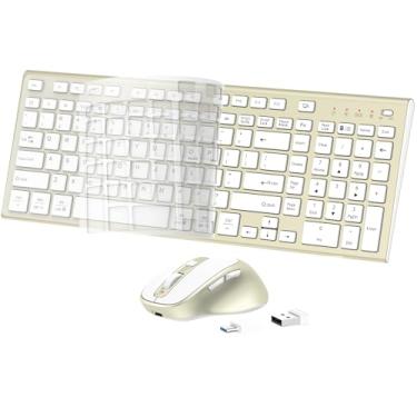 Imagem de Teclado e mouse sem fio, USB tipo C, recarregável, fino, silencioso, teclado compacto de tamanho completo com teclado numérico e capa para Windows, macOS, PC/computador/laptop - dourado
