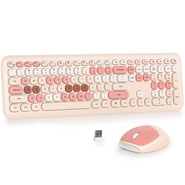 Imagem de Fogruaden Combo silencioso de teclado e mouse sem fio, máquina de escrever retrô fofa de 2,4 GHz, teclado marrom colorido bege, design fino, digitação de baixo ruído para casa, escritório, Windows PC