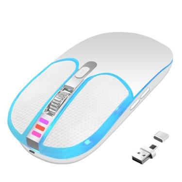 Imagem de Mouse sem fio, mouse silencioso fino, recarregável, mouse de LED com luz colorida RGB, mouse de botão de couro com receptor USB/Tipo-C 2 em 1, mouse de computador para notebook, MacBook (M1/M2), PC,