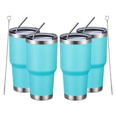 Imagem de MEWAY Copo isolado de 850 g com tampas e canudos, copo de café a vácuo duplo de aço inoxidável, escova, copo de café durável revestido em pó para bebidas frias e quentes, escritório, viagem (azul