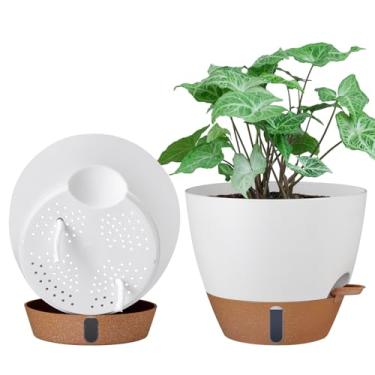 Imagem de montresor Pacote com 2 vasos de 25,4 cm, vaso de plástico PP autoirrigável com drenagem e bandeja para plantas internas e externas, vaso decorativo de janela de nível de água e reservatório (creme