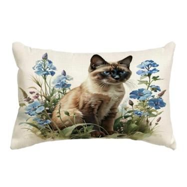 Imagem de JAERUE Capa de almofada decorativa de gato com decoração floral de casa de fazenda fronhas para sofá sofá varanda pátio primavera verão capas de almofada lombar, 12×20 polegadas (marrom)