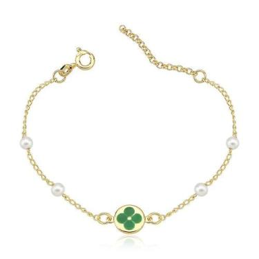 Imagem de Pulseira Infantil com Trevo e Pérolas Folheada a Ouro 18k - Maise Joia
