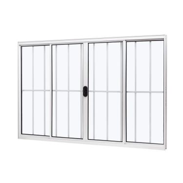 Imagem de Janela De Aluminio De Correr Central 100x150cm 4 Folhas Com Grade E Vidro Liso Ultra Ramassol Branco