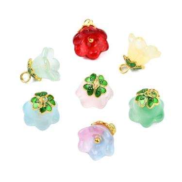 Imagem de UR URLIFEHALL 70 peças, pingentes de flores de trompete de vidro, 7 cores, lindos pingentes florais para artesanato faça você mesmo, colar, brinco, decoração, vidro, sem pedra preciosa