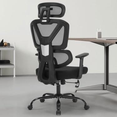 Imagem de Cadeira de escritório em casa, cadeira de mesa ergonômica com altura ajustável, suporte lombar, cadeira de computador de malha com encosto alto com apoios de braços dobráveis, cadeiras de tarefas para