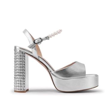 Imagem de JANSEVEN Sandálias femininas de strass salto grosso plataforma salto grosso tira no tornozelo sandálias brilhantes peep toe vestido sexy sapatos de festa de casamento, Pérola, prata, 40
