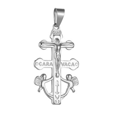 Imagem de COTTVOTT Cruz De Caravaca Cruz Jesus Crucifixo Pingente Católica Caravaca Dupla Cruz com Anjos Colar Pingente Criação de Joias Religiosas (tom prata-G)