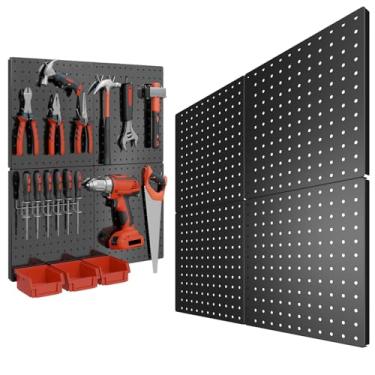 Imagem de Peg Board, 4 peças de metal Pegboard, organizador de parede resistente com moldura. Pegboard preto para paredes, garagem, bancada de trabalho, organização de ferramentas de sala de artesanato, painéis