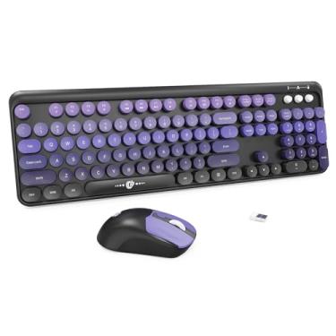 Imagem de Combo de teclado e mouse sem fio, 104 teclas redondas, lindo teclado e mouse colorido com máquina de escrever retrô para PC/Mac/Laptop/Tablet/Computador/Windows, preto e roxo