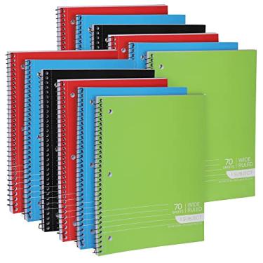 Imagem de Cadernos espirais, cadernos de 1 assunto, cadernos pautados largos – 70 folhas – 3 furos perfurados, cadernos para sala de aula, casa, escritório – páginas perfuradas, cores sortidas – (pacote com 12)