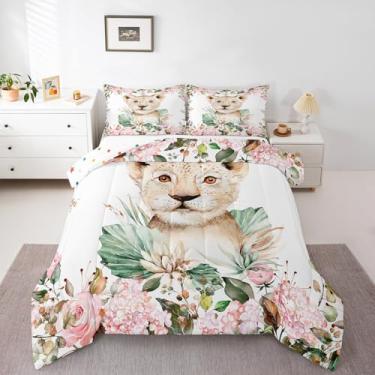 Imagem de Erosebridal Conjunto De Edredom Com Estampa Leão E Desenho Animado, Tamanho Duplo, Roupa Cama Infantil, Floral Rosa, Para Meninos Meninas, Acolchoado Animais Do Safári, Plantas Tropicais, Decoração