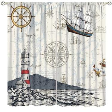 Imagem de Cortinas náuticas, mapa vintage farol veleiro âncora estrela do mar barco âncora animais marinhos tratamento de janela blackout, cortinas com isolamento térmico para crianças meninos quarto berçário