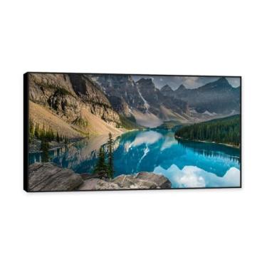 Imagem de NHLDZYH Moldura preta. Arte de parede de montanha, arte em tela de floresta, pintura de parede decorativa da natureza para sala de estar, quarto, escritório em casa. (Lago azul floresta 14). 70 x 125