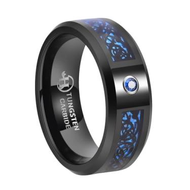 Imagem de Hioleegi Alianças de casamento masculinas de tungstênio pretas de 8 mm, pedra de zircônia cúbica embutida com borda polida para aniversário, noivado, casamento, presentes elegantes e duráveis, tamanho