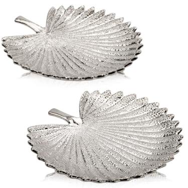 Imagem de Bandeja decorativa de folha prateada para mesa de centro de mesa 25,4 cm + 30,5 cm Prato de bugiganga em forma de folha de cerâmica, bandeja de vela, organizador de vaidade, decoração de mesa de café
