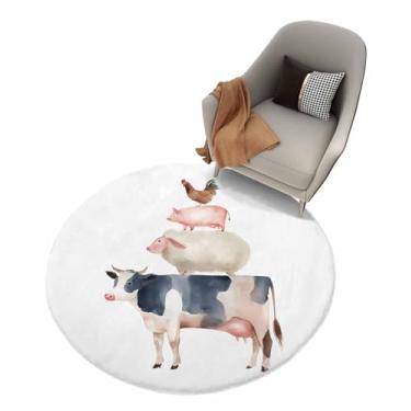 Imagem de Tapete felpudo para área interna, 1,2 m, tapete redondo para ambientes internos - vaca porco, ovelha, galinha, fazenda, padrão animal, tapete felpudo para berçário, quarto de bebê, sala de estar, decoração de casa