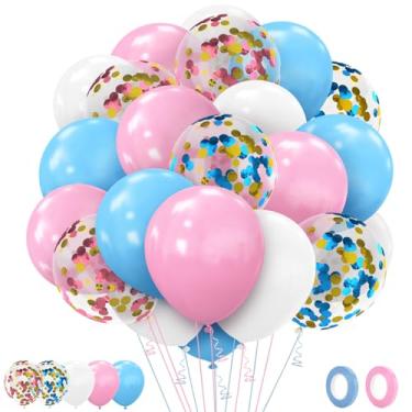 Imagem de Conjunto de balões rosa e azul, 62 peças, balão revelador de gênero, kit de balões de látex de confete rosa azul branco com fitas kit de balões de festa para chá de bebê, aniversário, decoração de