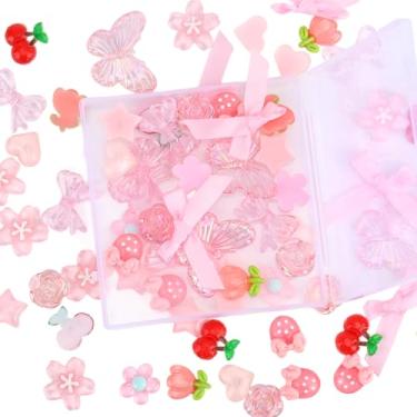 Imagem de Tinoaly 66 Kit com Pendentes de Caixa Lixo Rosa, Capa Telemóvel em Acrílico Resina Pendentes Slime Borboleta e Laço de Flor Cerejeira para Artesanato Scrapbooking e Decoração Decoden