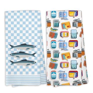 Imagem de KTYHD Toalhas de cozinha de sardinha de praia costeira, decoração de peixe em lata de sardinha, acessórios de sardinha, toalhas de mão de peixe de praia costeira conjunto decorativo de 2, presentes