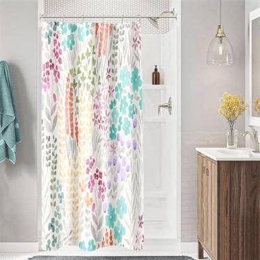 Imagem de MAYZUS Cortina de chuveiro pequena 91 x 182 cm, meia estreita linda cortina de chuveiro floral para banheiro, azul-petróleo flores silvestres Boho Cottagecore conjunto de cortina de chuveiro com