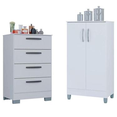 Imagem de Cômoda 867 4 Gavetas Com Armário Multiuso 2 Portas Pequeno Branco Brilho - Poquema