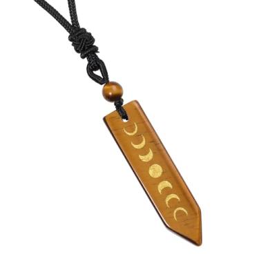 Imagem de SUNYIK Colar com pingente de ponto de lua e ponto de cristal natural com corda, colar de pedra gravada e lua crescente para mulheres e homens, Pedra olho de tigre, Pedra olho de tigre