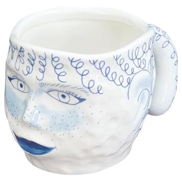 Imagem de Caneca de café para câmera, xícara de café de cerâmica azul exclusiva de 400 ml com design criativo de rosto humano, xícara artesanal divertida e xícara de chá artística para escritório e casa