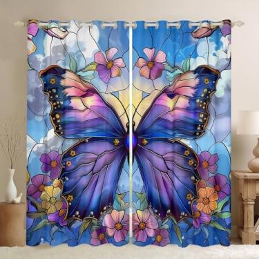 Imagem de Cortinas borboleta 42Lx84L, aquarela primavera margarida flores jardim cortinas bloco 30%-50% luz, animal sonhador geométrico vitral azul roxo tratamento de janela, 2 painéis
