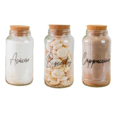 Imagem de Kit Cantinho do Café 810ml | ESCOLHA SEU KIT | Potes de Vidro | Tampa de Cortiça com ou sem Adesivos | Armazenamento(Açúcar, Biscoitos, Cappuccino)