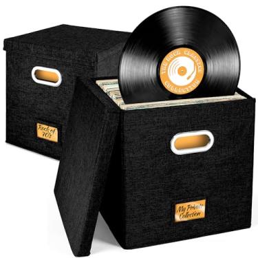 Imagem de Conjunto de 2 caixas de armazenamento de discos de vinil para álbuns de até 50 ou mais de 30 cm, caixa de gravações, armazenamento de álbuns LP, caixas de armazenamento de tecido com tampas para