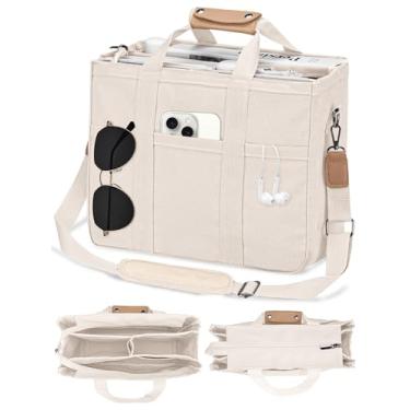 Imagem de VOFANK Bolsa feminina grande de lona com zíper, vários bolsos, bolsa de trabalho, bolsa transversal, bolsa de viagem de ombro com compartimentos, Bege, X-Large