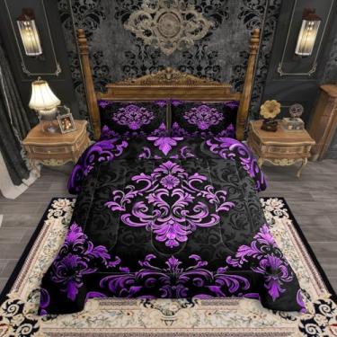 Imagem de Erosebridal Conjunto de edredom gótico preto roxo tamanho queen, edredom floral damasco boêmio, exótico, gótico, para crianças e adultos, conjunto de cama de flores barroco vitoriano, 3 peças