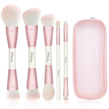 Imagem de START MAKERS Pincéis de maquiagem, 5 peças, conjunto de pincéis de maquiagem rosa de ponta dupla para base, blush, corretivo, contorno em pó, mistura de sombras de sobrancelha, pincéis de maquiagem de