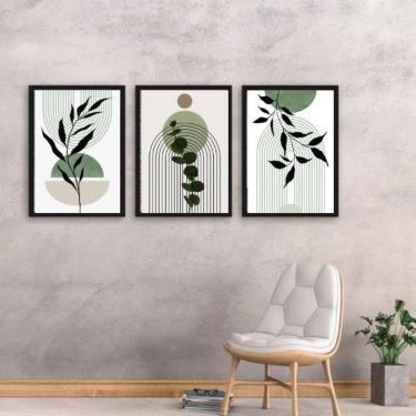 Imagem de Kit 3 Quadros Estilo Boho Folhas Verdes 33X24Cm - Com Vidro