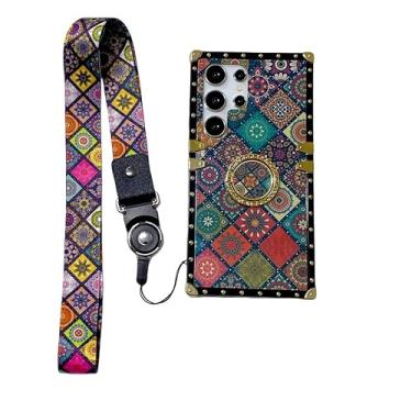 Imagem de Capa de telefone de luxo para Samsung S23ultra com suporte de anel padrão de estilo nacional ouro metal proteção de canto alça de cordão para Samsung S23ultra capa flores vermelhas