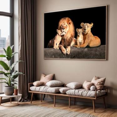 Imagem de Quadro com Moldura Sala Quarto Leão Família Decorativo Horizontal Grande Hall