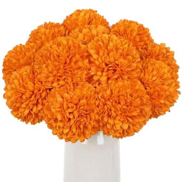 Imagem de Briful 12 hastes artificiais de crisântemo laranja – cabeças de flores de seda de 28 cm de altura com folhas verdes, hastes flexíveis para arranjos florais de outono, casa, casamento e decorações