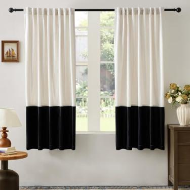 Imagem de Cortinas de veludo para sala de estar creme marfim preto 160 cm de comprimento, 2 painéis, cortinas blackout modernas com bloco de cores, bolso traseiro para varão, cortinas à prova de som, para