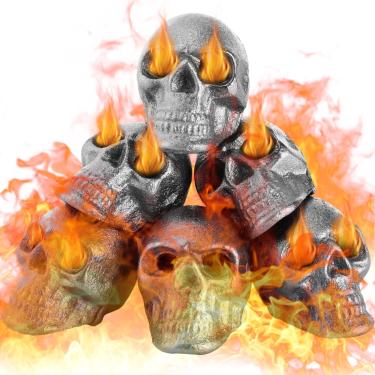 Imagem de Poen 6 peças de pedras de crânio para fogueira sintética de crânio humano para lareiras internas ou externas, fogueiras de metal à prova de fogo, decoração de Halloween para fogos de madeira a gás
