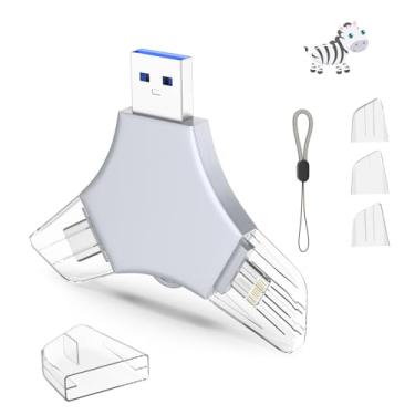 Imagem de Pen Drive USB 3.0 de 64 GB para iPhone, 3 em 1 com memória externa, suporte de fotos, vídeos, armazenamento de dados/backup, pen drives de alta velocidade V11.54 para iPhone/iPad/Android/PC