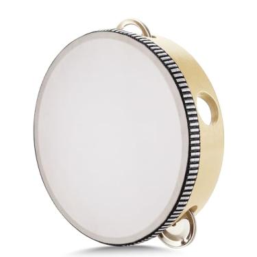 Imagem de Flexzion Pandeiro redondo de madeira para crianças e adultos 15 cm fileira única 8 pares de jingles, instrumento de percussão portátil de madeira para tocador de pandeiro iniciante e profissional