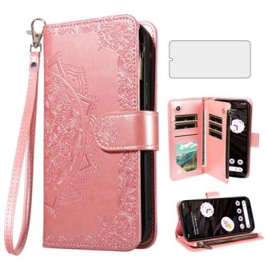 Imagem de Asuwish Capa de celular para celular Google Pixel 7A 5G 2023 com protetor de tela de vidro temperado e porta-cartão de crédito flip flor suporte Pixel7A A7 mulheres homens ouro rosa