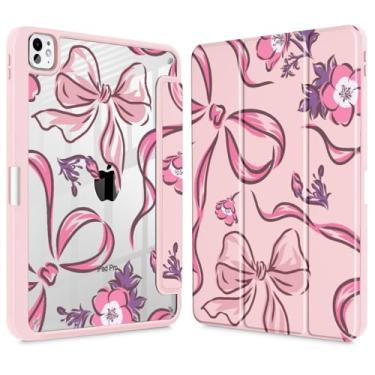 Imagem de Mektron Capa para M4 iPad Pro 11 polegadas 2024 com suporte para lápis, modelos compatíveis: A2836/A2837/A3006, capa à prova de choque transparente + suporte de três dobras, flores-laços-rosa