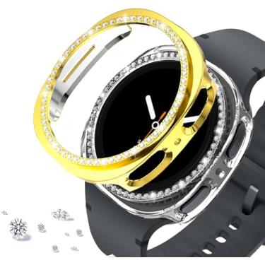 Imagem de DEALELE [Pacote com 2 capas compatíveis com Samsung Galaxy Watch 8 de 44 mm, capa protetora de PC de diamante de linha única brilhante para reposição (44 mm, ouro + transparente)