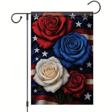 Imagem de Starlit Patio Bandeira patriótica de jardim de 4 de julho floral bandeira americana 30,5 x 45,7 cm, listras azuis e brancas, faixa para uso ao ar livre, decoração de quintal dos EUA, verão, sazonal