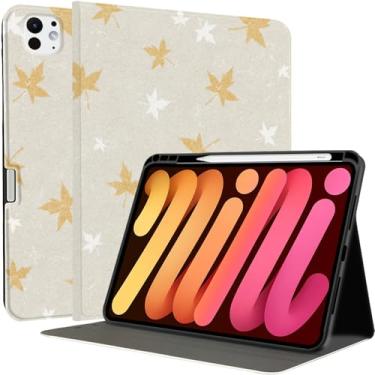 Imagem de MAYCARI Capa outono dourado cinza folhas de bordo para iPad Pro (M4) 2024 13 polegadas com suporte para lápis feito à mão iPad Pro 5ª geração, capa rígida protetora para iPad Pro outono de grão fino