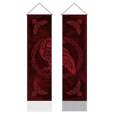 Imagem de AHANDMAKER 2 peças de tapeçaria temática viking, runas de meditação corvo corvo corvo vertical, tapeçaria de parede com borla, decorações estéticas místicas para quarto e sala de estar (45,7 x 13