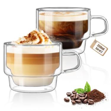 Imagem de glastal Copos Latte Macchiato de 350 ml, copos de café de parede dupla, conjunto de 2, xícaras de café empilháveis, vidro, copo de café de parede dupla, copos de chá com alça para cappuccino, chá