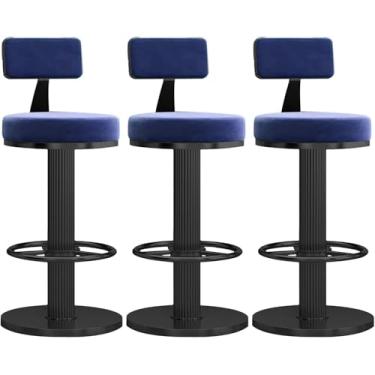 Imagem de Bancos de bar modernos conjunto de 3 tamboretes de bar giratórios de veludo cadeiras de bar com altura de balcão altura ajustável para casa bar cadeira de ilha de cozinha, azul preto